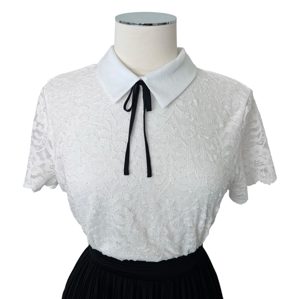 KARL LAGERFELD Peter Pan Collar Black Tie Short Sleeve Lace Top Blouse White M